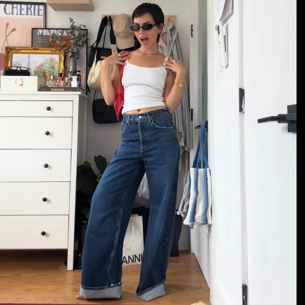 Zara WIDE LEG HIGH WAIST TURNED UP JEANS Blue - Picture 11 of 16